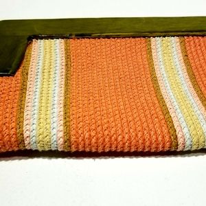 H&M peach & multi striped wood handle clutch